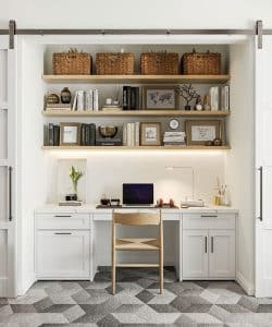 cloffice in white melamine built into a reach-in closet